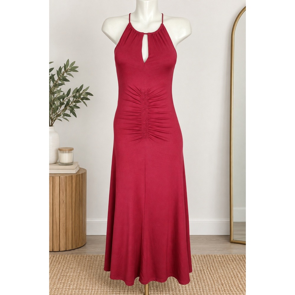 LOFT Petite Red Burgundy Ruched Midi Dress Halter Keyhole Sleeveless Stretch 2P